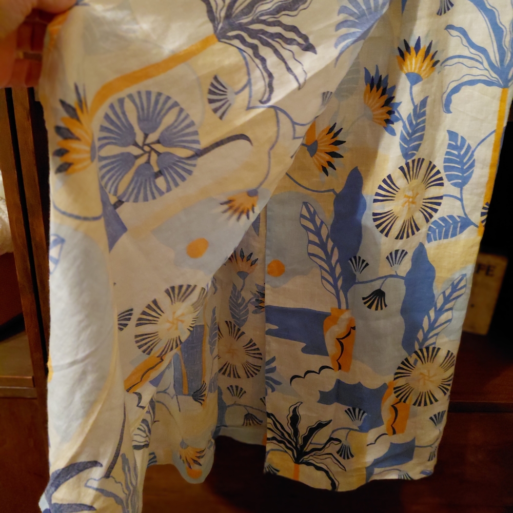 Nicole Miller LINEN Blue and Yellow Tropical Wrap Midi Skirt LG